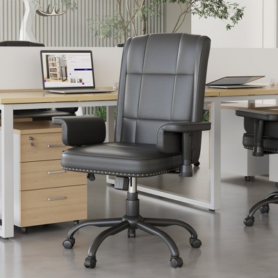 VECELO Ergonomic Leather Office Chair, Adjustable Swivel Desk Chair with Armrests & Lumbar Support, Black/Brown