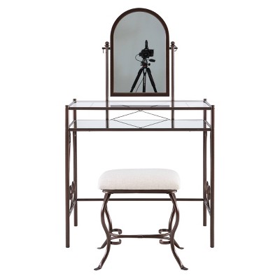 Clarisse 37.8" Traditional Beige and Brown Metal & Glass Vanity Set with Stool