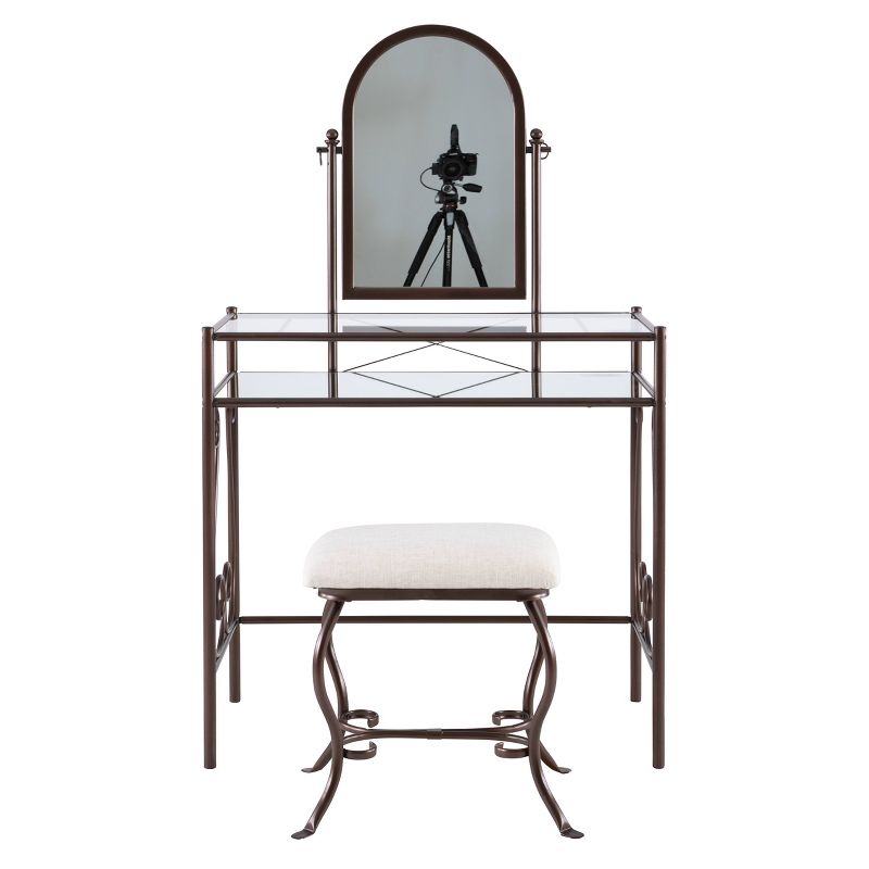 Clarisse Traditional Metal and Glass Shelf Adjustable Mirror Vanity and Upholstered Stool Brown - Linon, 4 of 14