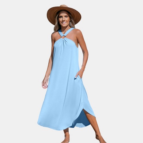 Women's Light Blue High Neck Sleeveless Maxi Dress - Cupshe : Target