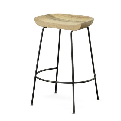 Natural Mango Wood and Black Metal Saddle Counter Stools, 24.5" Set of 2