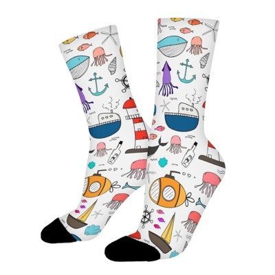 Hand Drawn Sea Women Printed Crew Socks Funny Funky Socks Soft Polyester Novelty Gifts for Artists Men