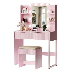 White Particle Board Veneered with Textured Melamine, 2-drawer 4-tier Shelf, comes with 10 Three-color Dimmable Bulbs, Dressing Table Set - 1 of 4