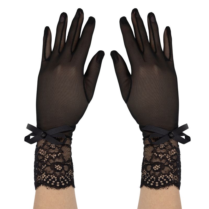 LECHERY Women's Mesh Gloves With Lace Detail & Bow (1 Pair) - One Size, Black, 3 of 7