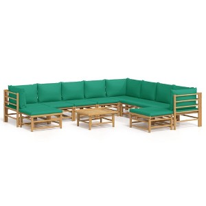 vidaXL Outdoor Patio Lounge Set with 11 Pieces, Bamboo Material, Includes Table and Sofas, Features Adjustable Design and Green Cushions - 1 of 4