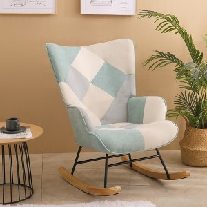 Accent Rocking Chair, Mid Century Fabric Rocker Chair with Wood Legs and Patchwork Linen for Livingroom Bedroom - 1 of 4