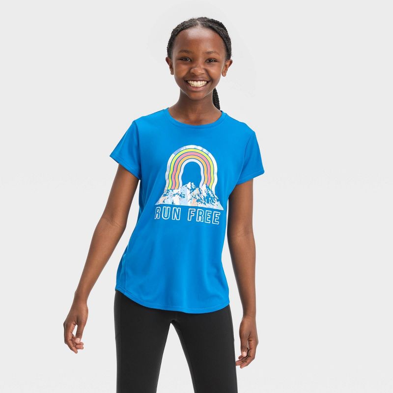 Girls&#39; Short Sleeve &#39;Run Free&#39; Graphic T-Shirt - All In Motion™ Blue, 1 of 7