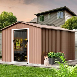 TROPOW 8x12 FT Outdoor Storage Shed, Metal Garden Shed with Lockable Door,and Sloped Roof, Utility Metal Tool Storage Sheds for Backyard, Brown - 1 of 4