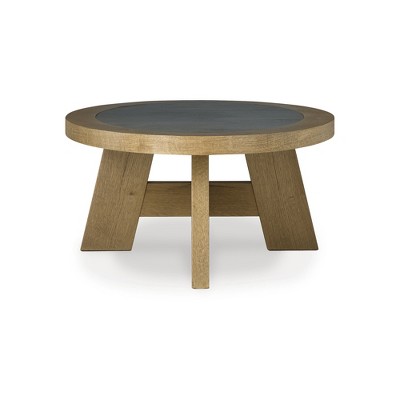 Oval Light Brown Wood Coffee Table with Faux Cement Top
