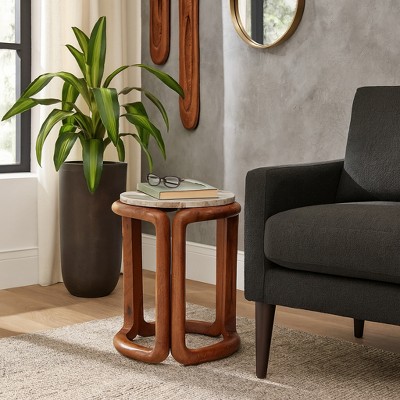 Artistic End Table, Side Table, or Small Night Stand - Polished Wood Bedside Table with Marble Top for Chic Bedroom or Living Room Decor