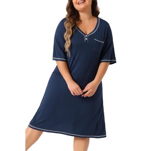 Women's Plus Size Stitched Knitted Short Sleeve V Neck Comfy Soft Casual Nightgown - Agnes Orinda - 1 of 4