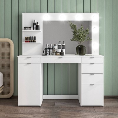 Olivia White Engineered Wood Vanity Table with Lighted Mirror