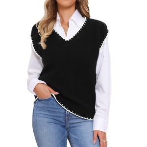 INSPIRE CHIC Women's V Neck Sleeveless Ribbed Contrast Color Trim Sweater Vest - 1 of 4