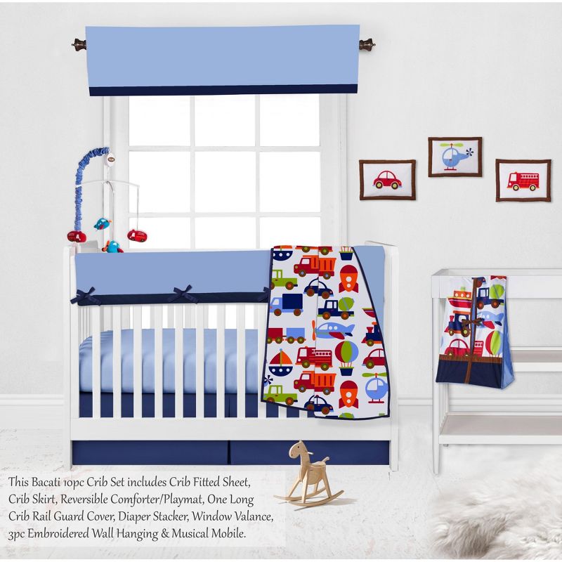 Bacati - Transportation Blue Navy Green Red Orange 10 pc Crib Bedding Set with Long Rail Guard Cover, 4 of 12