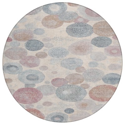 HomeRoots 8' Peach Gray And Denim Blue Round Geometric Washable Indoor Outdoor Area Rug