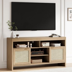 coucheta Set of 2 Boho Rattan TV Stand for 65 Inch TV, 58” Mid-Century Entertainment Center with Sliding Doors, Adjustable Shelves, Hidden Storage - 1 of 4
