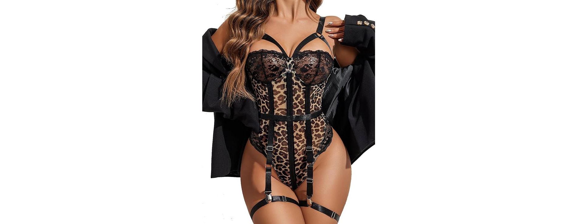 Avidlove Lingerie Sets for Women  Lace Skull Corset with Garter Belt One Piece Teddy Bodysuit