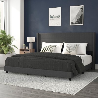 Charcoal Linen King Upholstered Platform Bed with Wingback Headboard