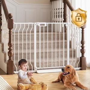 GROWNSY Baby Gate for Stairs, 29.5"-48.4" Pressure Mounted Baby Gate for Top of Stair with V-Shaped Rods, Anti-Trip Pedal, Extra Wide Stairs, White - 1 of 4