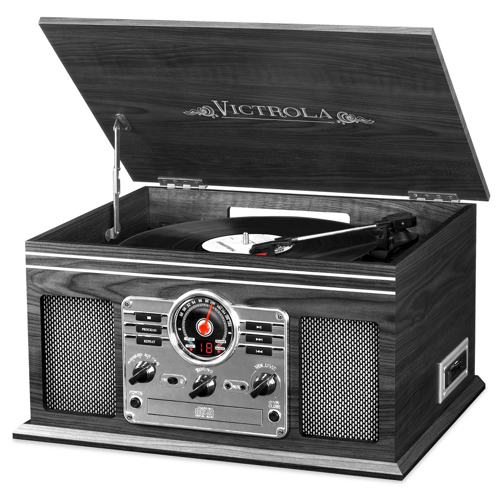 Victrola Wooden 6-in-1 Nostalgic Record Player with Bluetooth and 3 Speed Turntable, Graphite, Gray