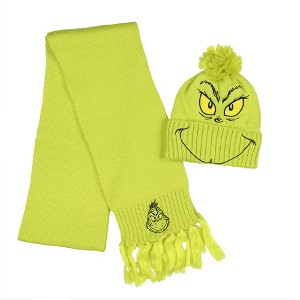 Dr. Seuss The Grinch Embroidered Design Adult Knit Scarf and Pom Cuffed Beanie Set Green - 1 of 4