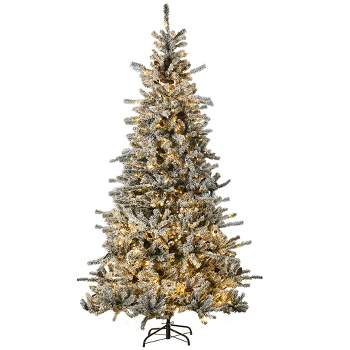 HOMCOM 7.5 FT Prelit Artificial Christmas Tree Holiday Decoration with Snow Flocked Branches, Warm White LED Lights, Auto Open, Pine Cones, Green