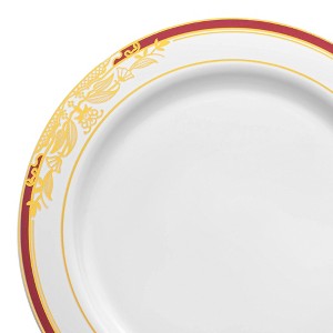 Smarty Had A Party 7.5" White w/ Burgundy and Gold Harmony Rim Plastic Salad Plates - 120 pcs - 1 of 4