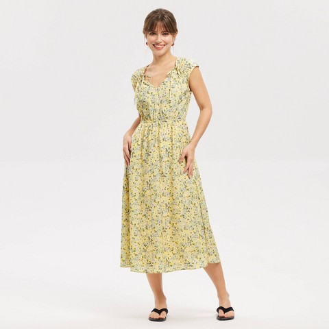 Женские платья Universal Thread Women's Cap Sleeve Tie Shoulder Midi Dress - Universal Thread™ Lemon Yellow Floral M