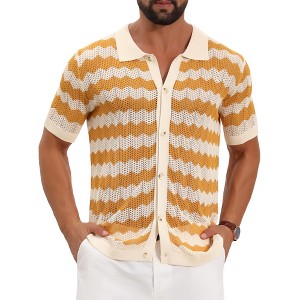 Men's Wave Hollow Out Short Sleeve Button Down Striped Knit Shirts - 1 of 4