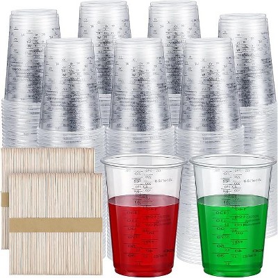 JDICTION 300 Pcs 8oz Disposable Plastic Measuring Cups With Wooden Sticks For Epoxy Resin Paint Cooking Baking