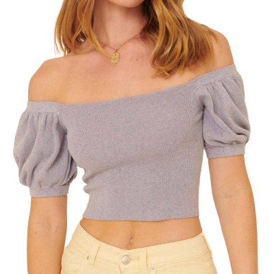 Women's Speckled Rib Knit Off Shoulder Puff Crop Sweater - PROMESA
