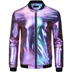 Lars Amadeus Men's Zip Up Long Sleeves Shiny Holographic Bomber Jacket - 1 of 4
