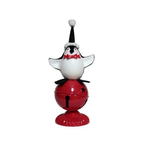 Melrose 11" Playful Glittered Black and White Penguin Standing on Large Red Jingle Bell Christmas Table Top - image 1 of 1