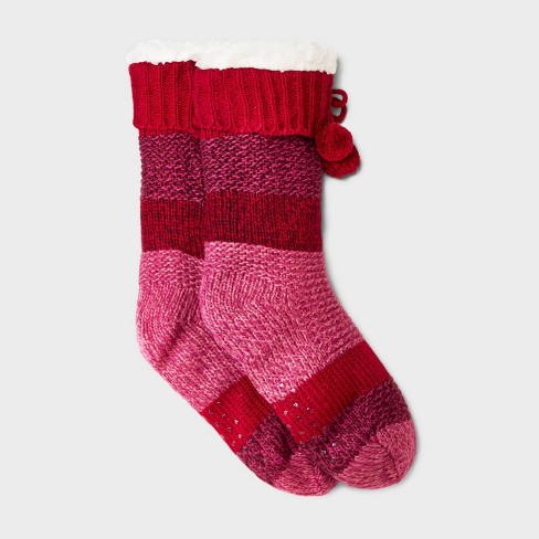 Red Striped Pom Socks