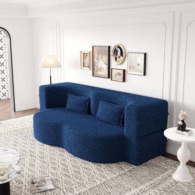 Full Size Modern Convertible Floor Sofa Bed, Foldable Bed with Foam-Filled Mattress, Teddy Fabric Bed with Pillows and Cushions-Baofuwish