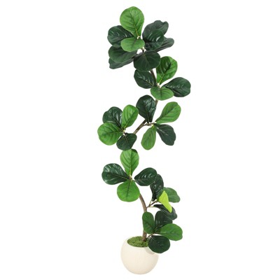 Fiddle Leaf Fig Artificial Tree with White Planter,5ft Faux Plants Indoor with Moss, Fake Rubber Tall Fake Floor Plant in Pot