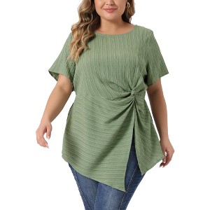 Agnes Orinda Women's Plus Size Asymmetrical Hem Short Sleeve Twist Knot T-Shirt - 1 of 4