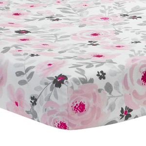 Bedtime Originals Blossom Pink/Gray Watercolor Floral Baby Fitted Crib Sheet - 1 of 4