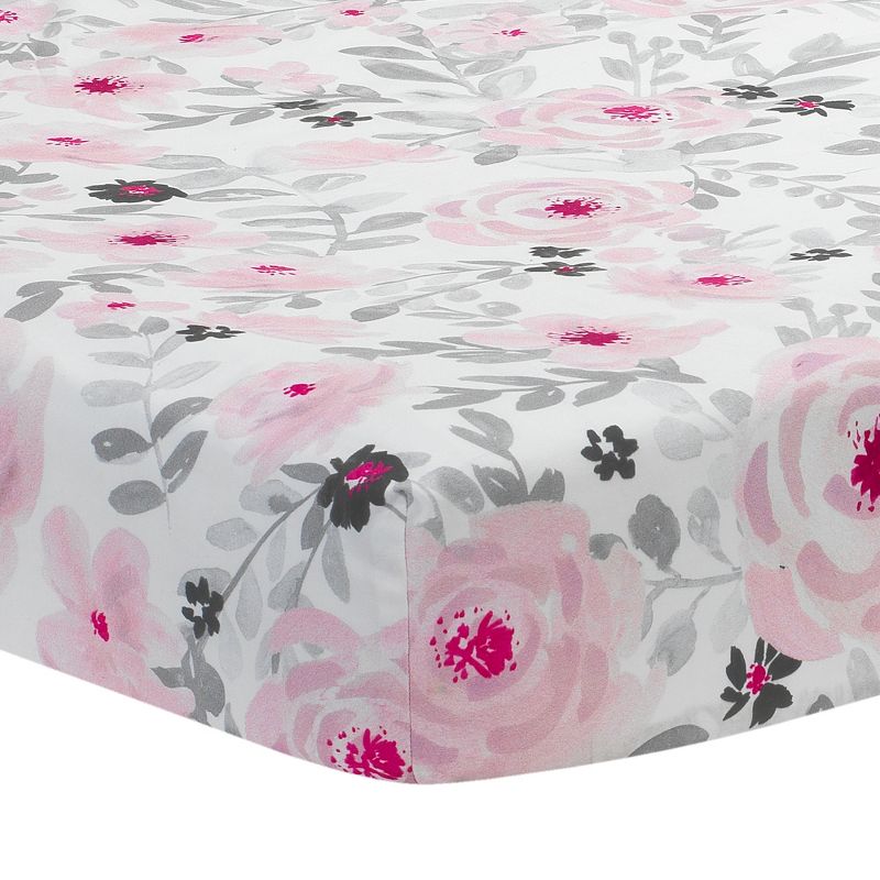 Bedtime Originals Blossom Pink/Gray Watercolor Floral Baby Fitted Crib Sheet, 1 of 6