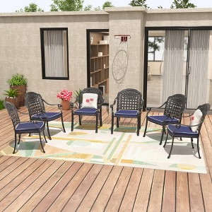 Cast Aluminum Patio Stacking Armchair With Black Frame And Cushions In Blue Colors - 1 of 4