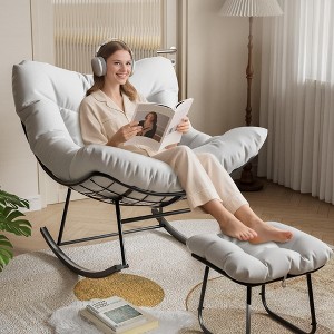 Oversized Lounge Chair with Footrest, Outdoor Papasan Rocking Chair with Ottoman and Sturdy Metal Frame - 1 of 4