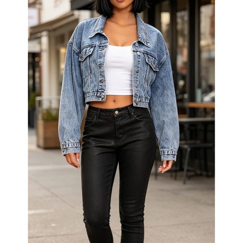 Женская куртка YesFashion Women Cropped Denim Jacket Lapel Collar Button‑Down Short Jean Coat Vintage Loose Fit Outerwear, L, Blue, цвет: Джинсовый