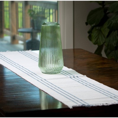 74" White and Blue Cotton Striped Table Runner with Fringed Ends
