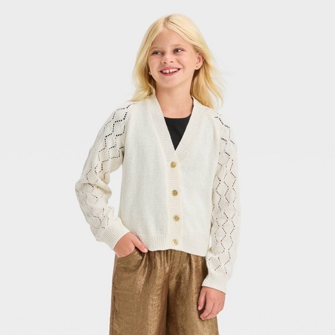 Girls Long Sleeve Button down Cardigan Cat Jack Cream Xs