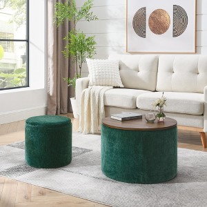 VYNXARIA 2-Piece Set Round Chenille Storage Ottoman,Equipped with a Drum Shaped Small Stool,Storage Space,and MDF Made Desktop Panel - 1 of 4