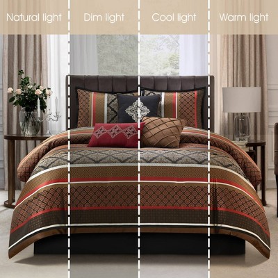 Red and Brown Microfiber Queen Comforter Set with Decorative Pillows