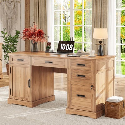 Garvee 58" Fluted Executive Desk, Home Office Desk with Keyboard Tray, 5 Embossed Texture Drawers & Storage Cabinet, Farmhouse Desk for Home Office