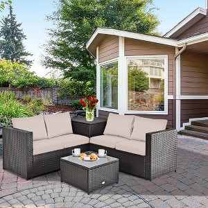 Costway 4PCS Outdoor Patio Rattan Furniture Set Cushioned Loveseat Storage Table - 1 of 4