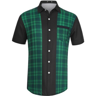 Lars Amadeus Men's Summer Plaid Patchwork Short Sleeves Button Color Block Shirt