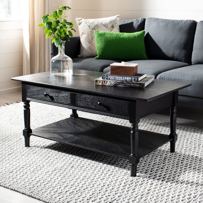 Distressed Black Pine Wood Rectangular Coffee Table with Storage